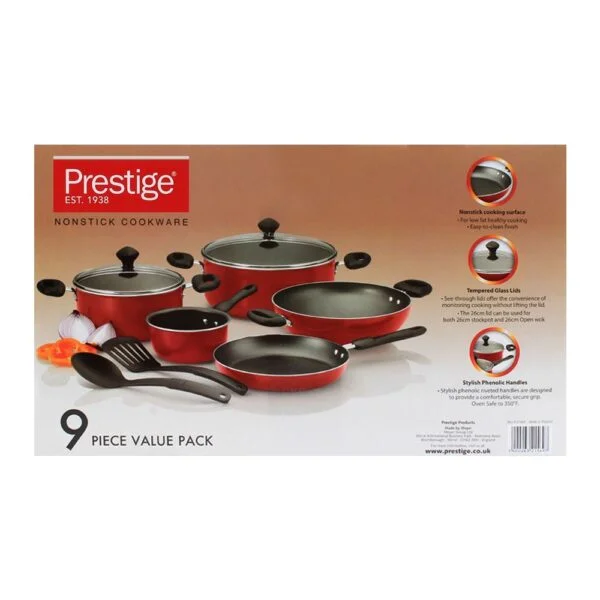 Prestige Aluminum 9 Piece Non-Stick Cookware Set - Red - Image 2
