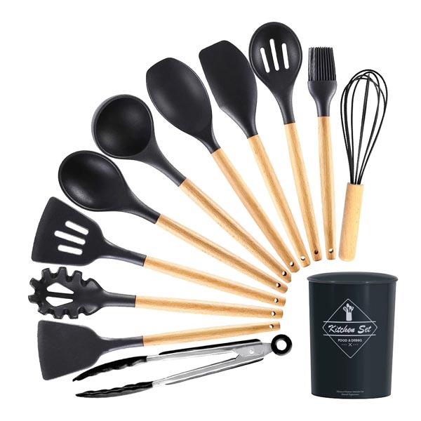 12/16Pcs Kitchen Silicone Cooking Utensil Set Black Wooden Spoons