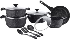 Prestige Essentials Granite 12 Piece Non-Stick Cast Aluminium Cookware sets | Induction Base | Non Stick Aluminium | Granite Casserole | Granite Fry Pan - Black