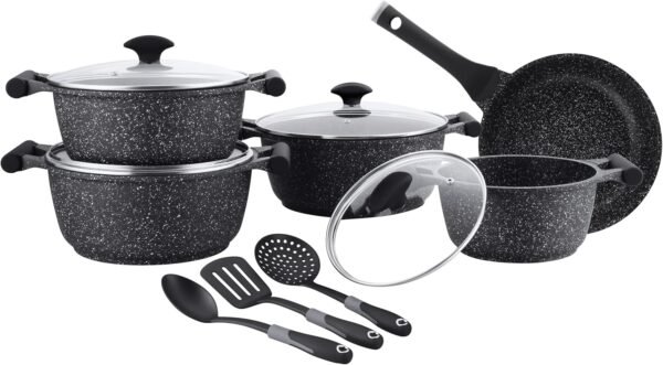 Prestige Essentials Granite 12 Piece Non-Stick Cast Aluminium Cookware sets | Induction Base | Non Stick Aluminium | Granite Casserole | Granite Fry Pan - Black