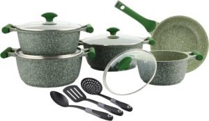 Prestige Essentials Granite 12 Piece Non-Stick Cast Aluminium Cookware sets | Induction Base | Non Stick Aluminium | Granite Casserole | Granite Fry Pan - Green