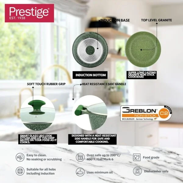 Prestige Essentials Granite Non Stick Set Combo | 24cm + 28CM Fry Pan Set | Induction Cookware Set 2 Pieces - Green - Image 2