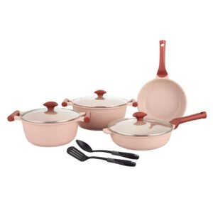 Prestige Essentials Granite 9pcs Cookware Pots and Pans Set Pink