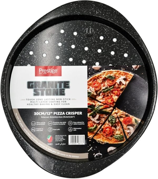 Prestige 12inch Granite Pizza Crisper Pan with Carbon Steel Coating for Home Oven Baking Premium Quality Non-Stick Tray Black 12-Inch - Image 2