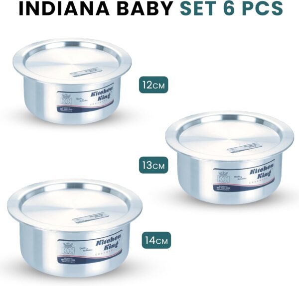 Kitchen King Pots and Pan Set 6 Pieces 12cm-14cm with Lids Aluminium Cooking Pots Indiana Baby Set Casseroles Cookware Set - Image 4