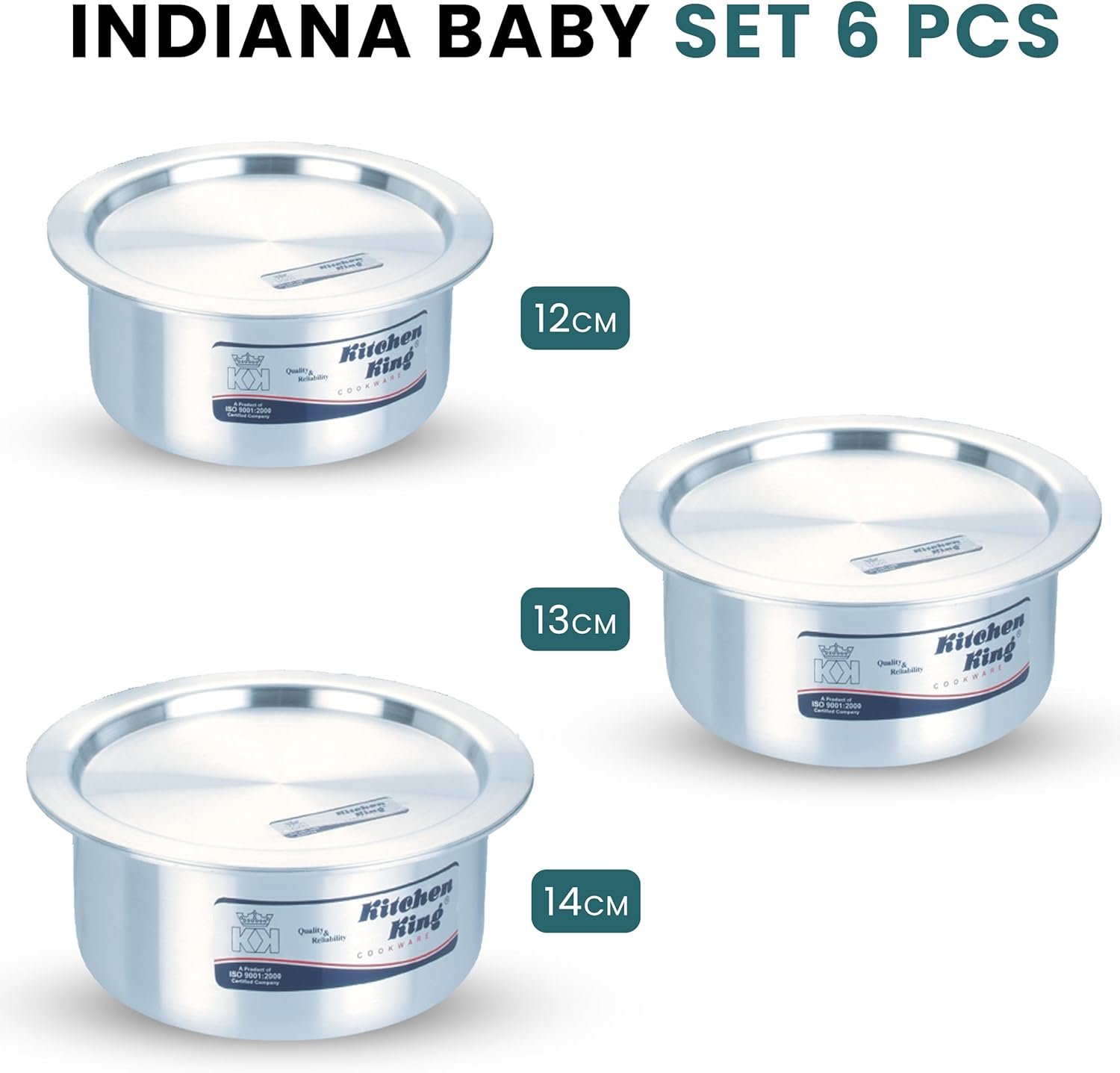 Kitchen King Pots and Pan Set 6 Pieces 12cm-14cm with Lids Aluminium Cooking Pots Indiana Baby Set Casseroles Cookware Set - Image 4
