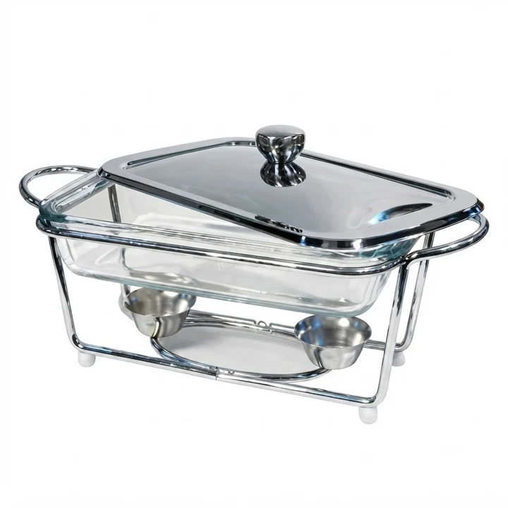 Rectangular 1.5L Gold and Silver Plated Glass Chafing Dish with Ornate Stand Size Available - Image 3