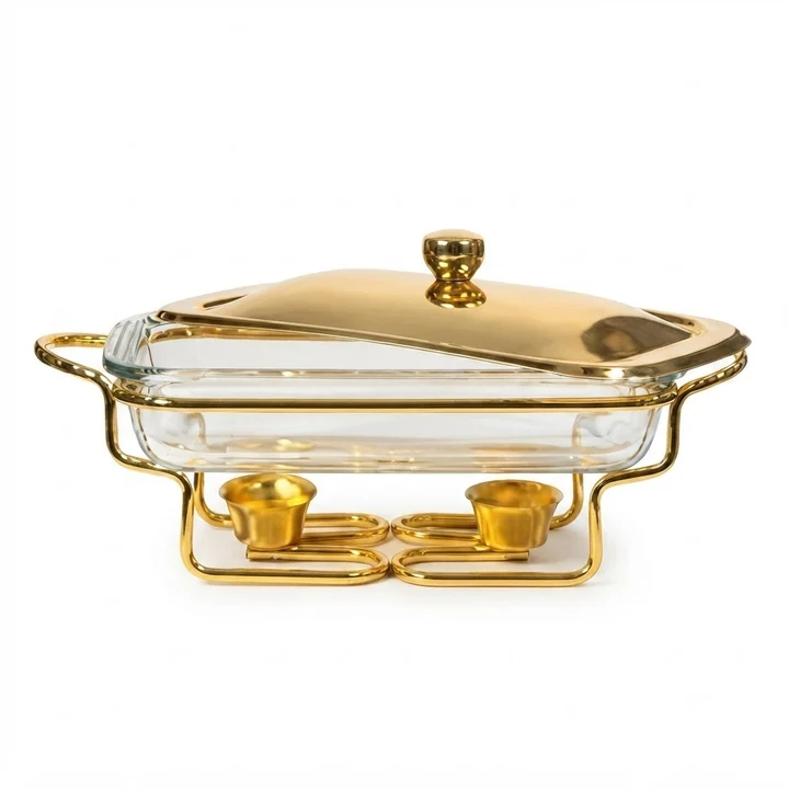Rectangular 1.5L Gold and Silver Plated Glass Chafing Dish with Ornate Stand Size Available - Image 2